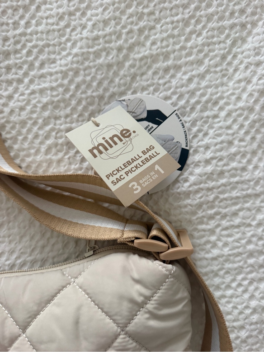 NWT Mine Women’s Quilted Cream Pickleball Bag with Tan Stripe 3 in 1 - Picture 7 of 9